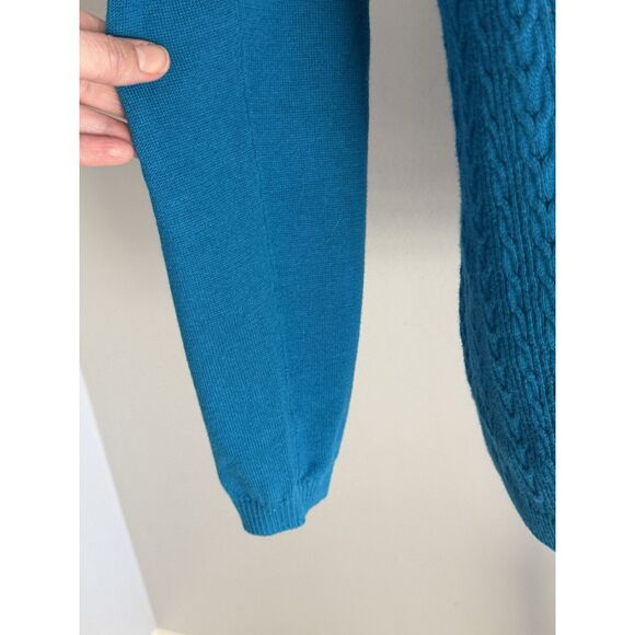 Talbots Cable Knit Sweater Lightweight V Neck Teal Blue Cotton Knit Preppy Large - Picture 7 of 16